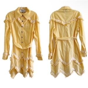 Victoria Tomas Long Sleeve Belted Gingham Fringe Dress